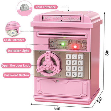 Temi Piggy Bank For Kids, Electronic Coin Money Bank For 3 4 5 6 7 8 9 10 Year Old Girls Gifts, Cash Coin Can Atm Bank For Kids 5-7, Christmas Birthday Gifts (Pink)
