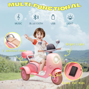 Okybaby 2 Seats Kids Motorcycle, 12V Ride On Electric Motorcycle, 3 Wheels Kids Motorbike With Usb, Bluetooth, Light, Storage Bo