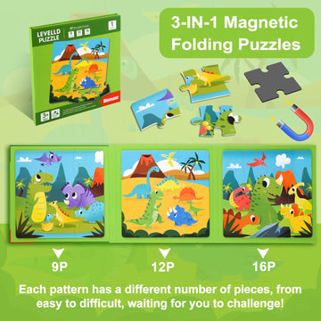 ASTARON Magnetic Puzzles for Toddlers, 16-20-25 Pieces Dinosaur Land Learning Magnet Puzzles for Road Trip, Educational Travel T