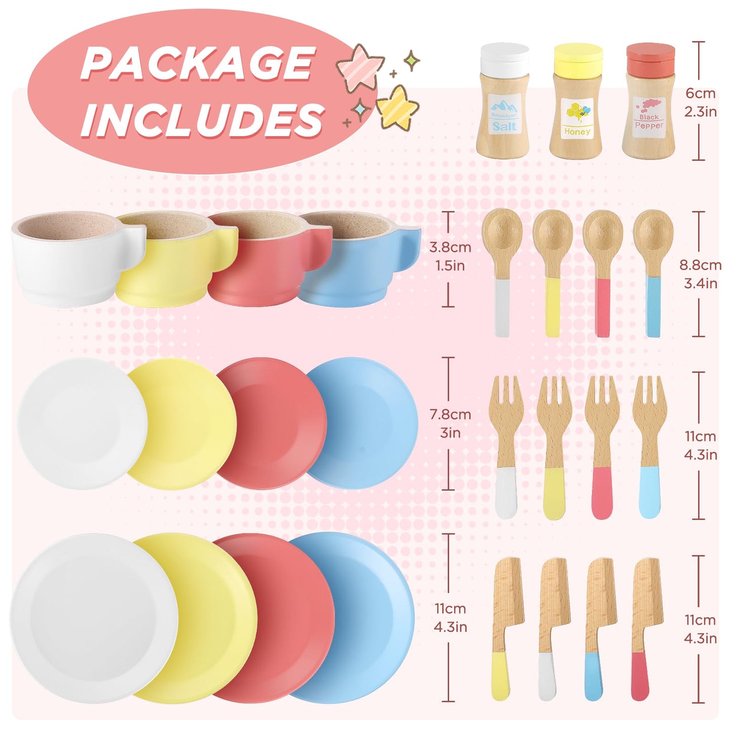 GAGAKU Wooden Play Dishes and Plates for Kids Kitchen Set 27 PCS Montessori Wooden Play Kitchen Accessories Kitchen Toy Wooden P