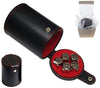 Cyber-Deals Set of Dice Cup Black PU Leather with Storage Compartment Red Felt Lined + 16mm Zinc Alloy Metal Dice, Gift Boxed (N