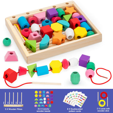 Tooybing Montessori Wooden Lacing Beads Toys For 2 3 4 Year Old Toddler Kids, Sequencing & Stacking Block Toy With Storage Box,