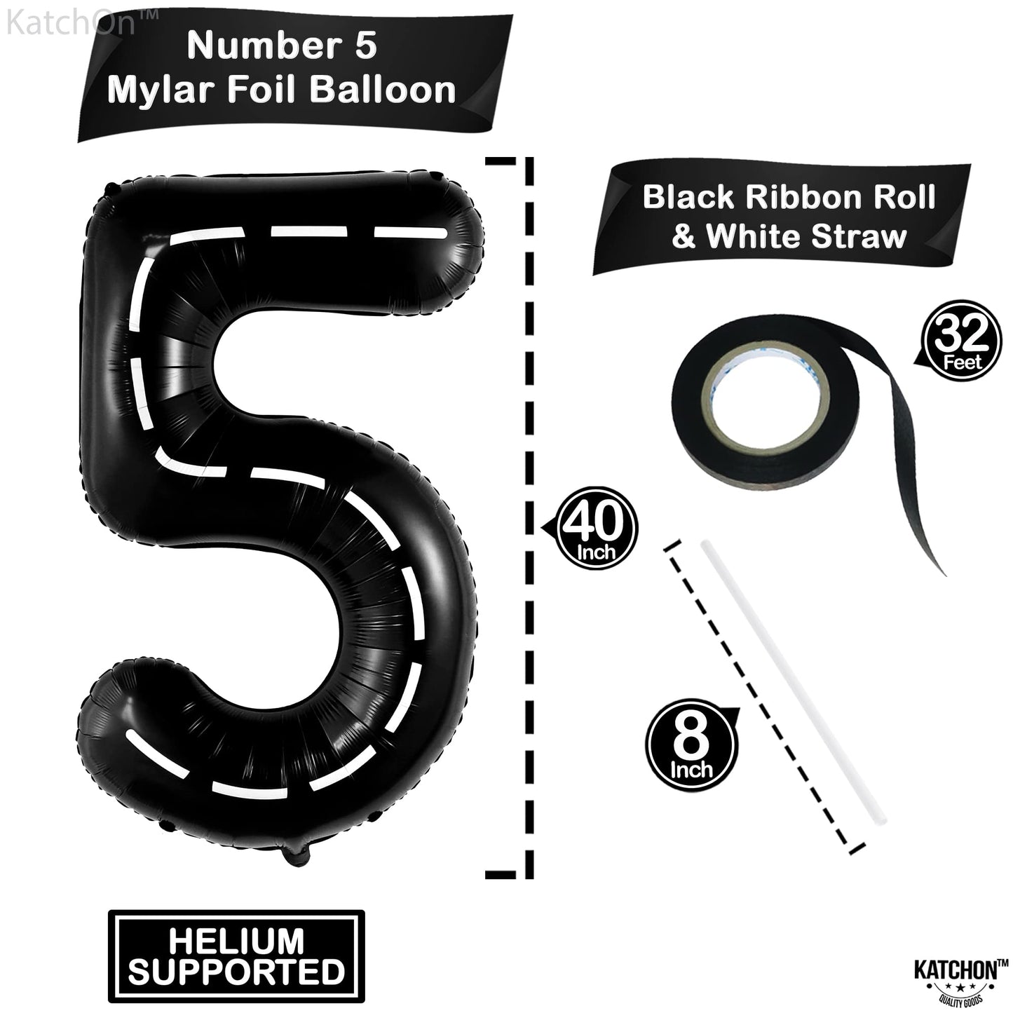 Katchon, Number 5 Race Car Black Balloon - Giant 40 Inch, Party Supplies, Hotwheel Birthday Decorations, Unisex, All Ages, 3 Pieces