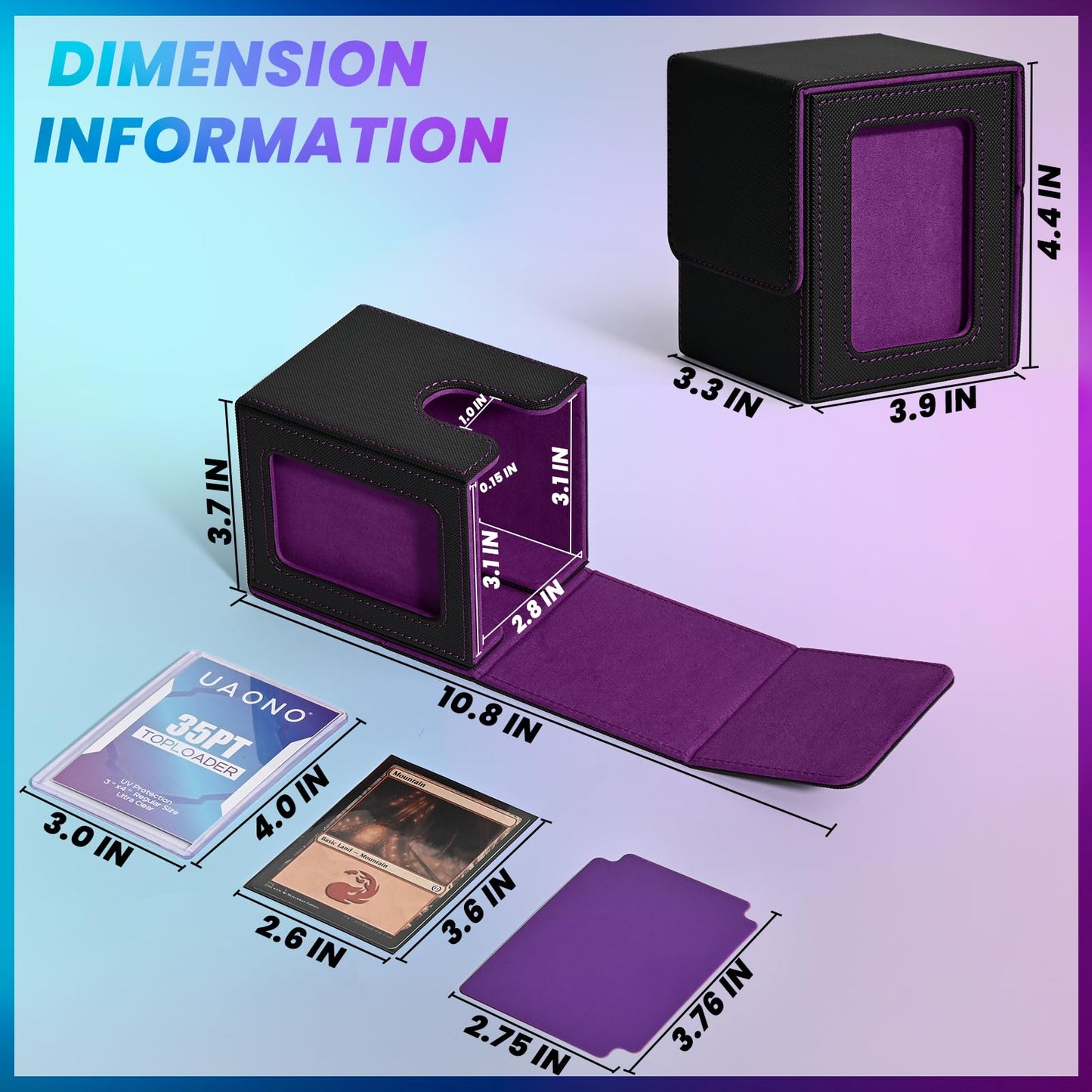 Uaono Card Deck Box With Mtg Commander Display, Deck Case Holds 100+ Double-Sleeved Cards, Trading Card Storage Box Fits Tcg/Ptcg/Sports Card With 2 Dividers, 1 Toploader (Black, Purple)