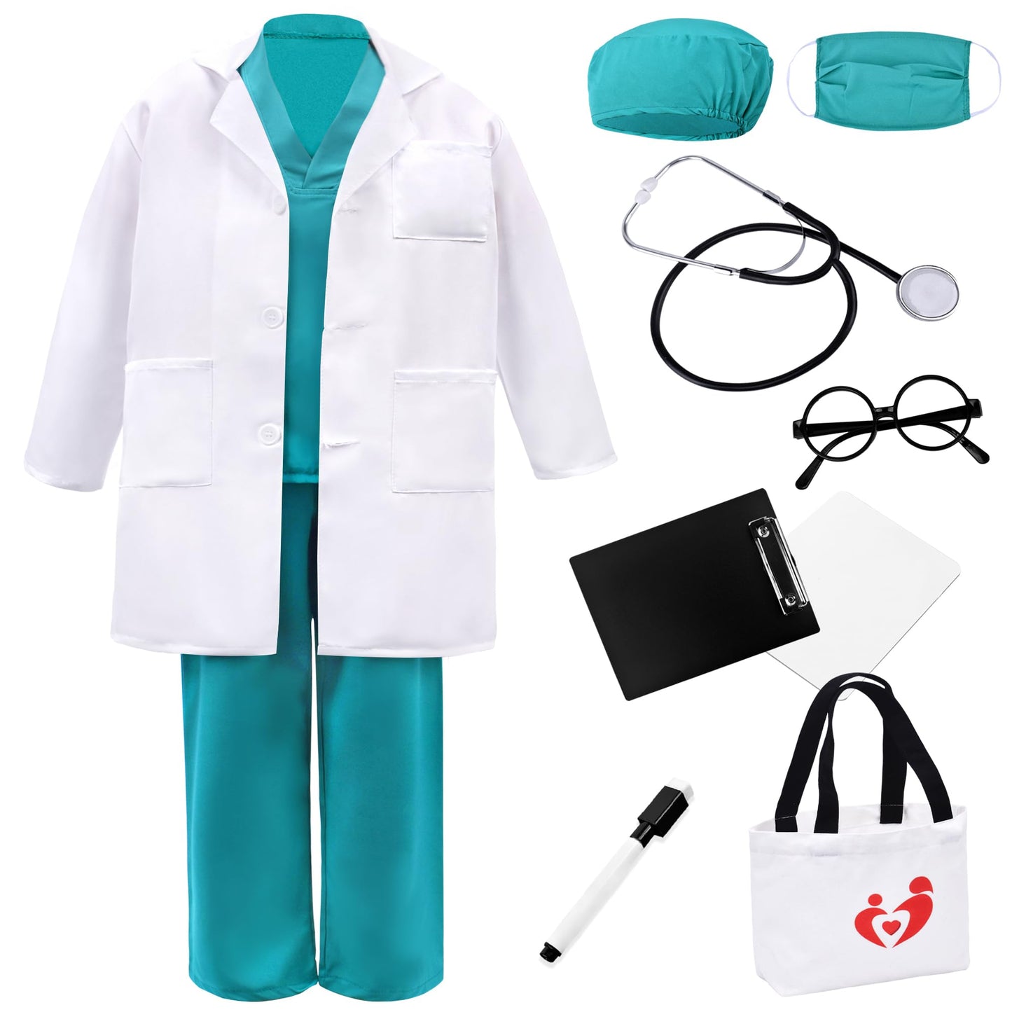 Zzihan Kids Doctor Costume Nurse Set - Lab Coat & Green Scrubs With Stethoscope, Nursing Clipboards, Vet Accessories - Boys & Gi