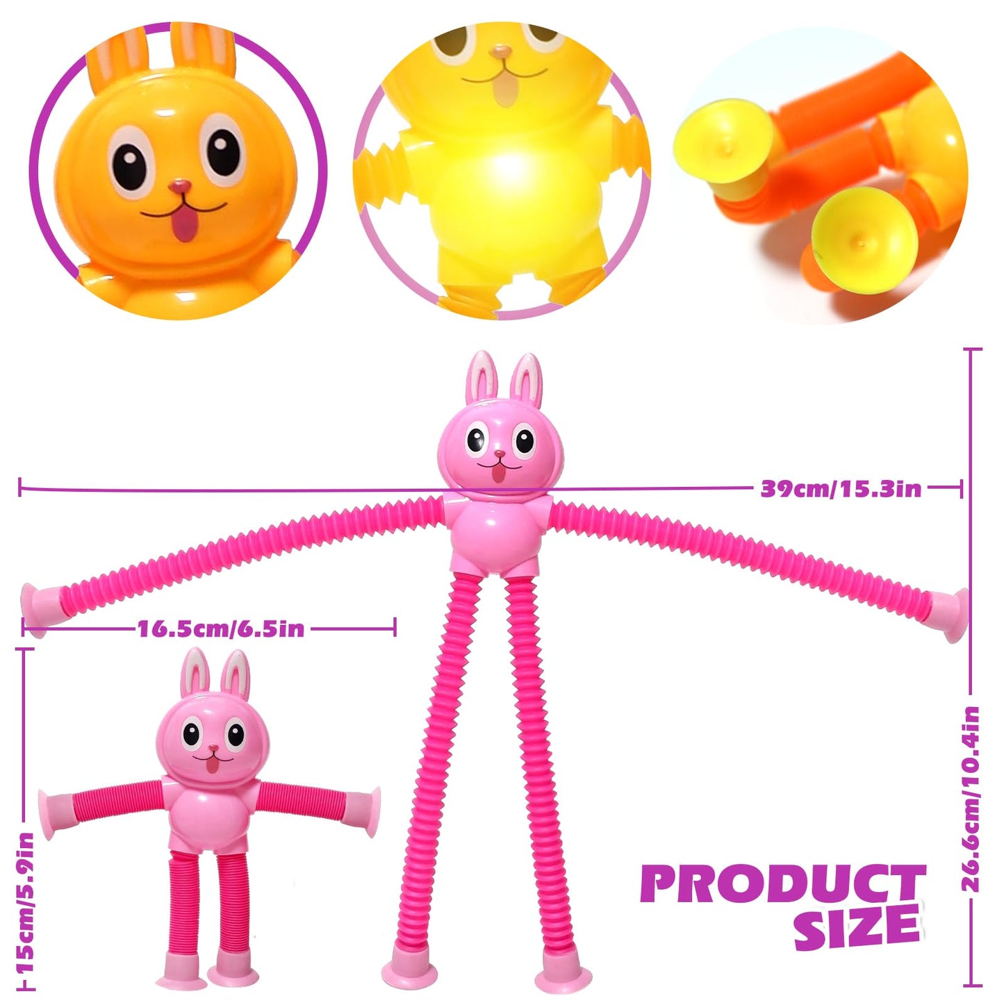 Easter Bunny Led Pop Tubes Light Up 4 Pcs Sensory Fidget Toys, Telescopic Suction Cup Easter Basket Stuffers Easter Egg Fillers