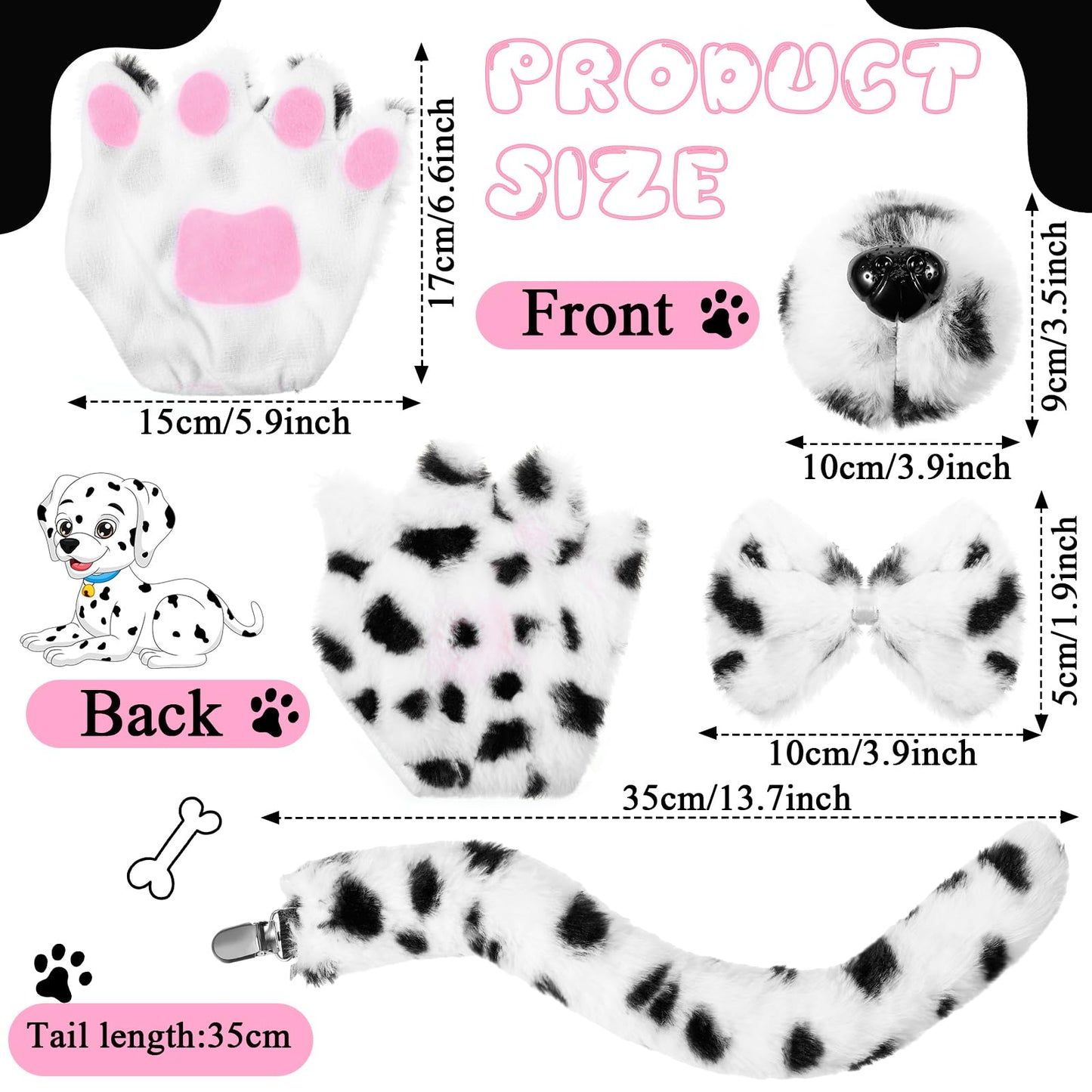 Syhood Puppy Dog Costume Set Kids Dog Ears Headband Bowtie Nose Tail Paw Gloves Dog Animal Costume Accessories For Carnival(Blac