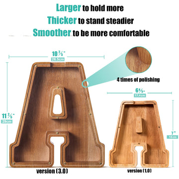 Customized Name Large Wooden Piggy Bank For Kids Boys Girls Alphabets Letter A-Z Coins Bills Money Change Bank Box Initial On Clear Cover (Laser Engraved) (Alphabet-A, Initial-12)