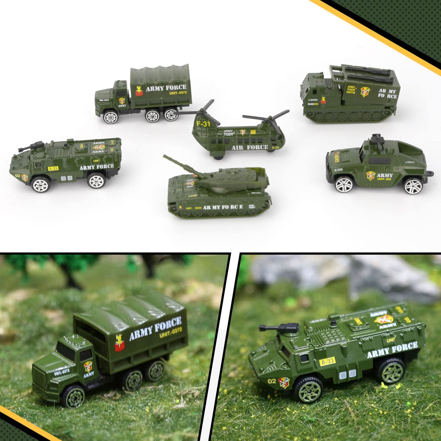 Dreamon Diecast Military Vehicles Set - Mini Army Trucks, Tanks & Helicopter, Multicolored Toys for Boys Ages 3-5, Pack of 6