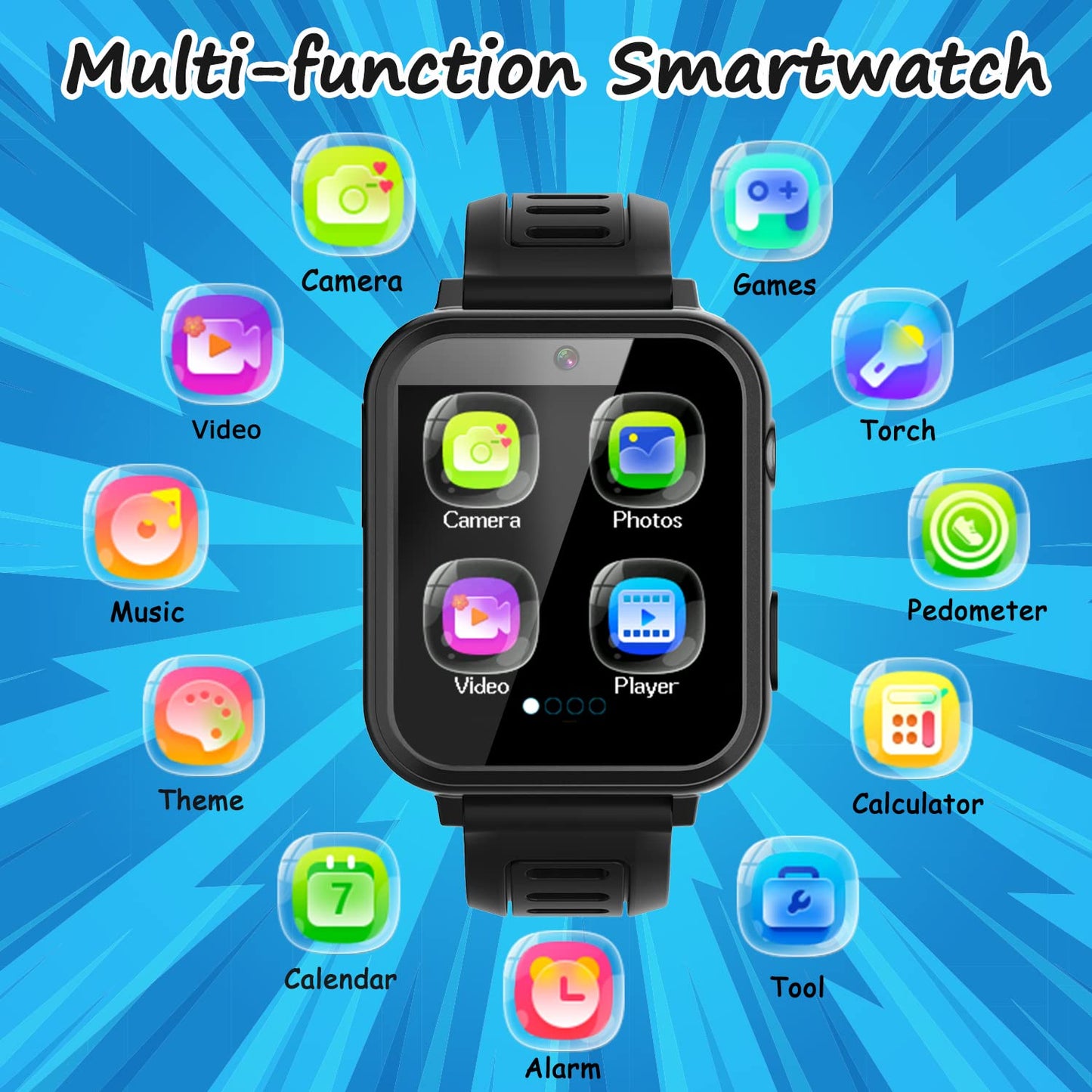Kids Smart Watch Boys, Kids Smart Game Watch With 24 Games Hd Touch Screen Video Camera Music Player Pedometer Flashlight Alarm Clock 12/24 Hr Kids Watches For Boy Gifts For 5-12 Year Olds Boy Girl