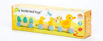 Tender Leaf Toys - Pull Along Ducks - Classic Wooden Pull Along Toy - 9Pc Duck Family Set With 1 Mother Duck, 2 Baby Ducks, 3 Eggs And 3 Cars - Encourages Number Learning - 18Mths+