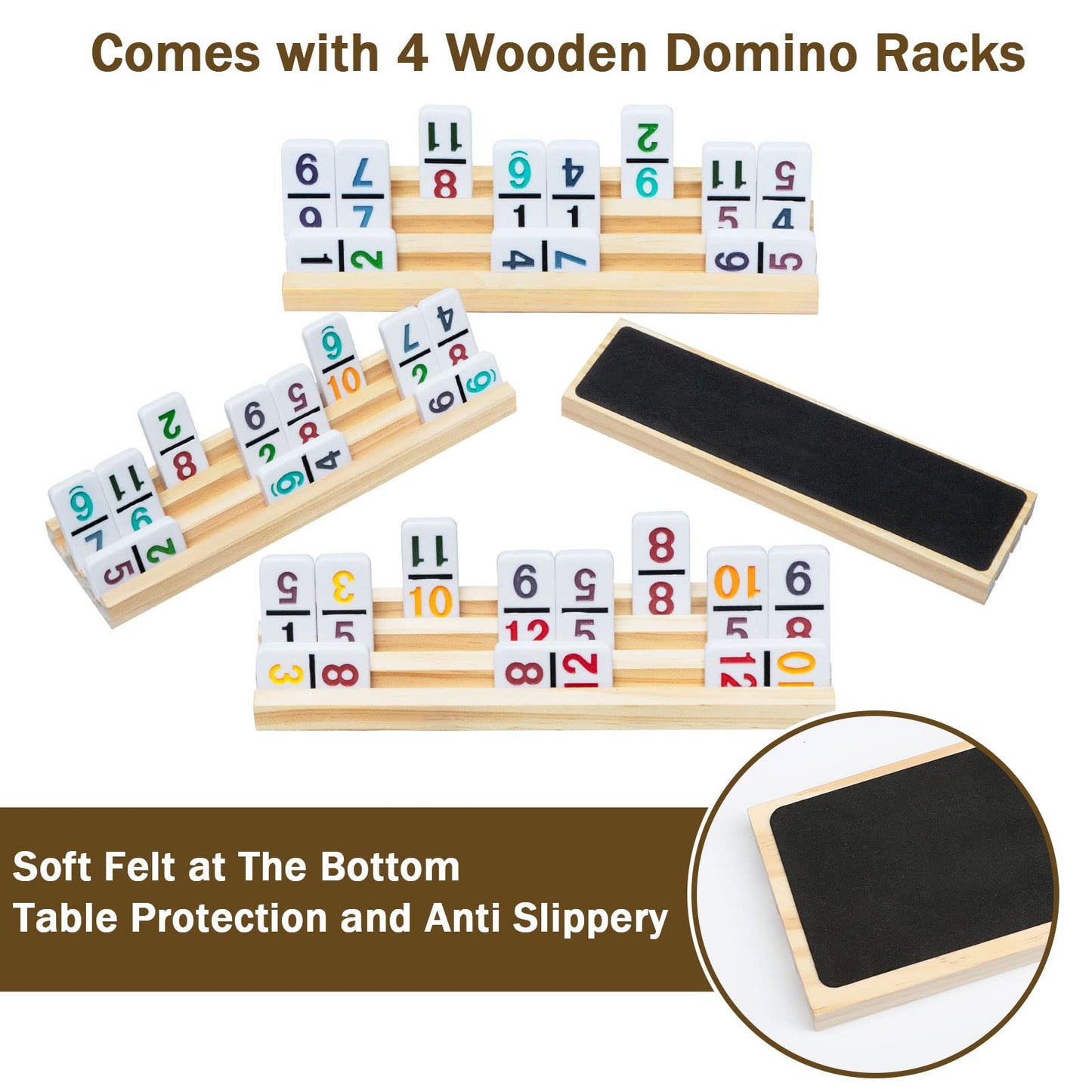 Mexican Train Dominoes Set With Numbers And 4 Wooden Trays/Racks, Double 12 Dominos Travel Set With 4 Tiles Holders, 91 Tiles Double 12 Colored Dominoes Game Set With Portable Case For Families Kids