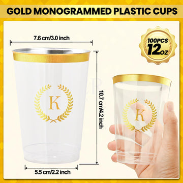 Datyiiha 100 Pieces Monogrammed Plastic Cups Gold Foil Letter K Disposable Cups 12 Oz Clear Initial Party Cups For Wedding Birth