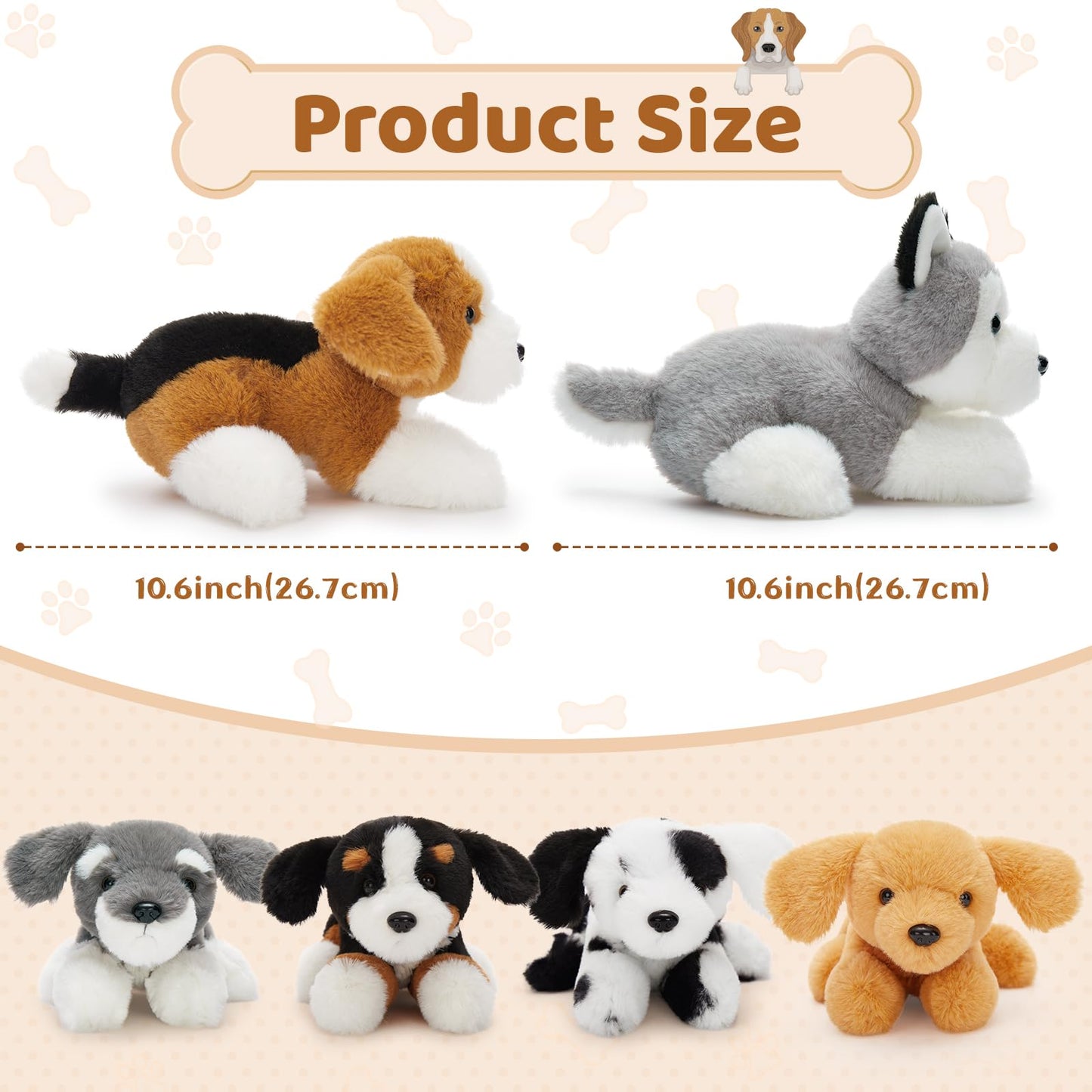 Tezituor 6Pcs Bulk Dog Stuffed Animals, Fluffy Assorted Stuffed Puppy Plush Toys For Kids, 11' Schnauzer,Husky, Bernese, Golden Retriever, Beagle,Spotted Dog Doll Set For Dog Themed Party Favors Gift