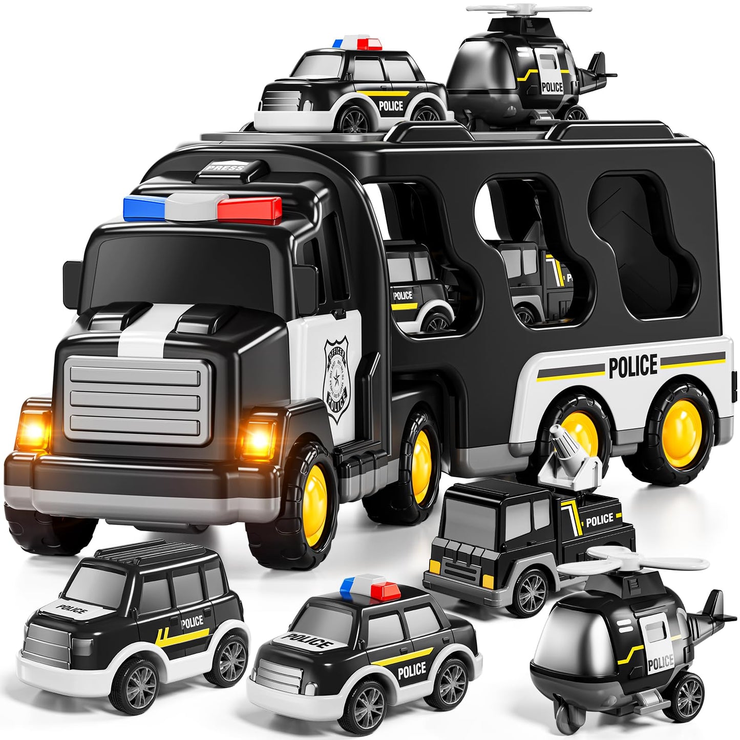 JUKUDAHU Police Truck Toy for 3 4 5 6 Years Old Boys - Carrier Vehicle Toy Set with 3 Small Cars and 1 Helicopter, Kids Firction