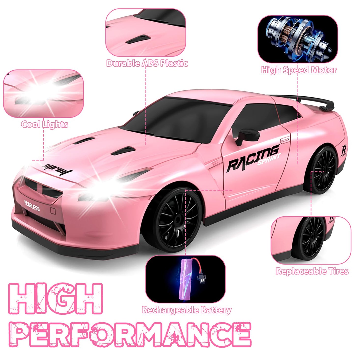 YUAN PLAN RC Drift Car, 1/24 Pink Remote Control Car for Girls, 2.4GHz 4WD Drifting RC Cars with LED Light, High Speed RC Car wi