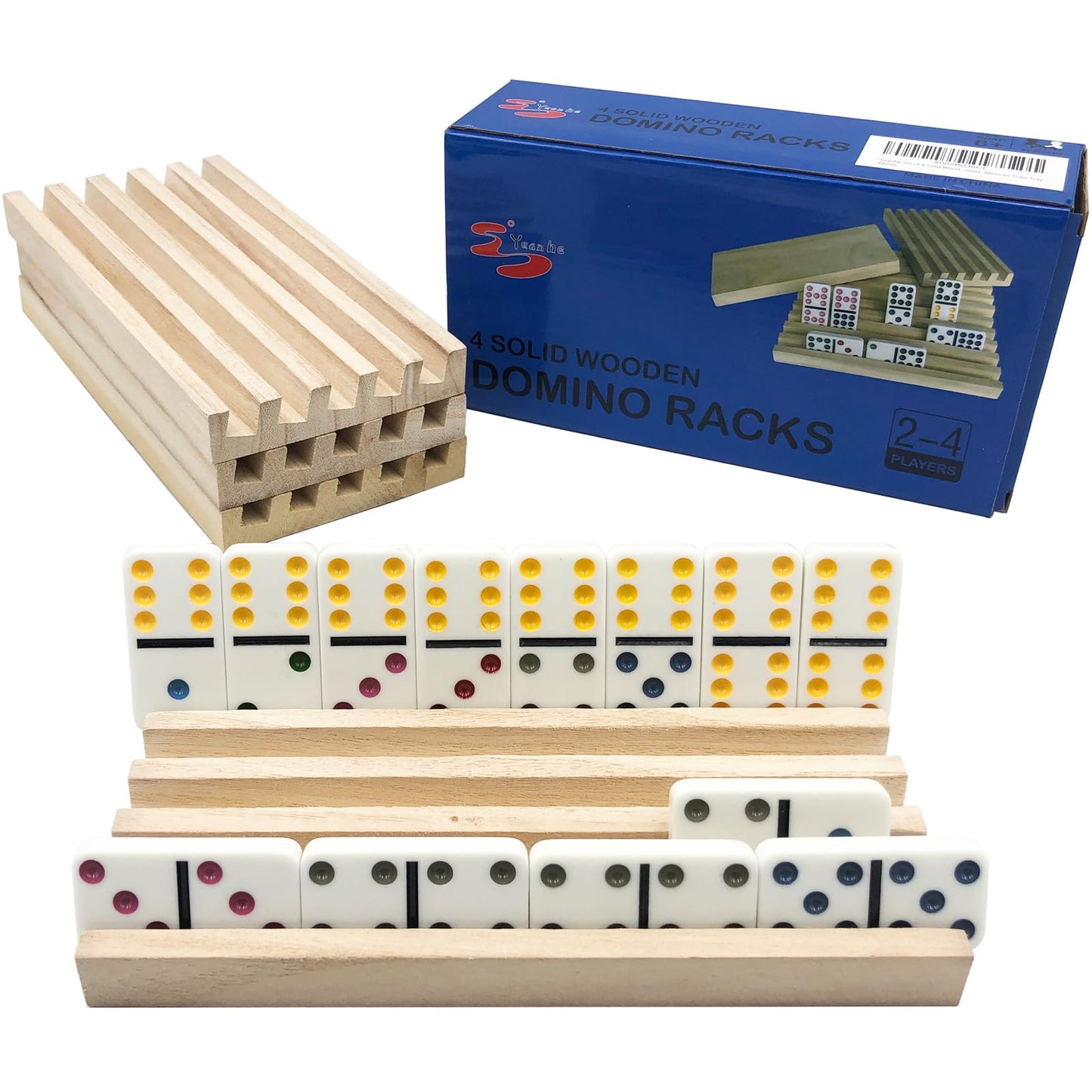 Yuanhe Domino Holder Trays Rack - Set of 4 Wooden Tiles Stand Holders for Mexican Train Rummy Chickenfoot -Like New