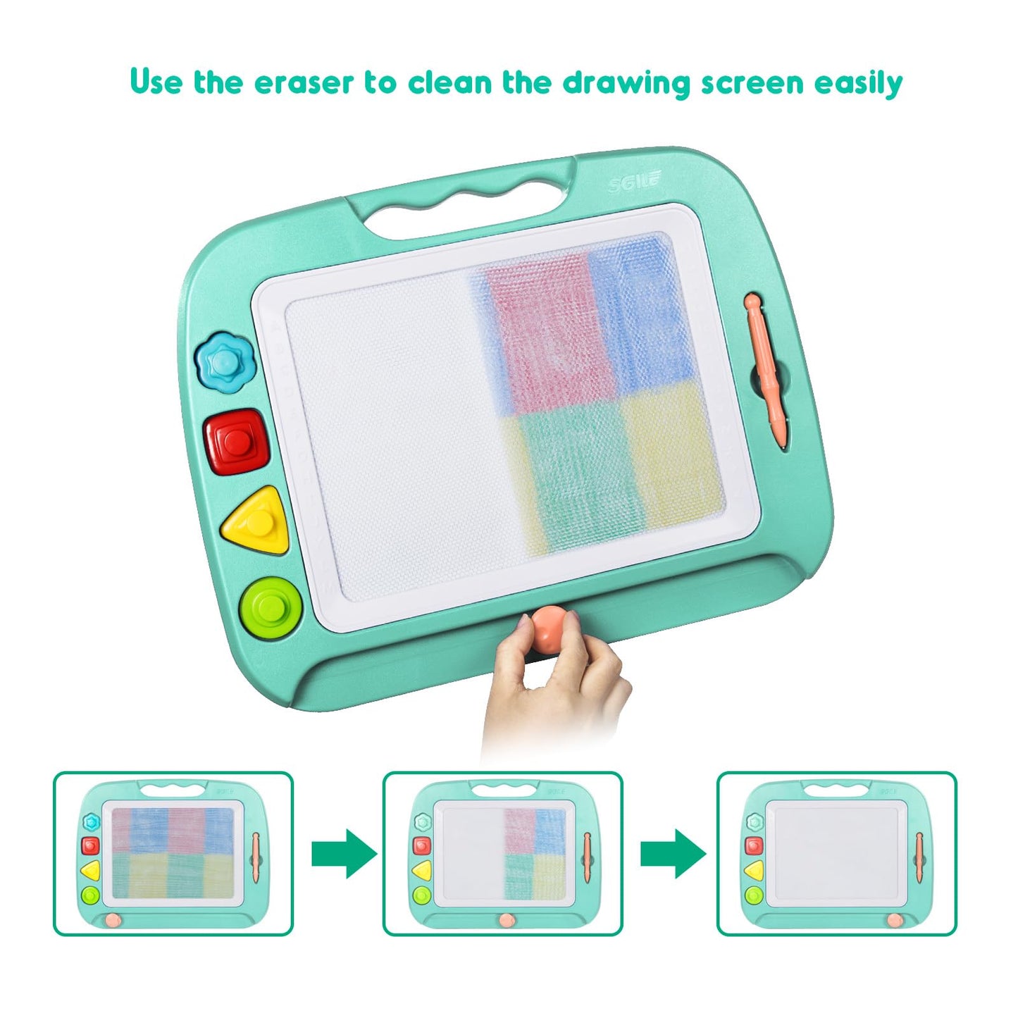 Sgile Large Magnetic Drawing Board - 4 Colors 16×13In Doodle Pad With 4 Stamps For Toddlers, Learning Toy Board Etch Sketch Gift For 36+ Month Kids Girls Boys, Green