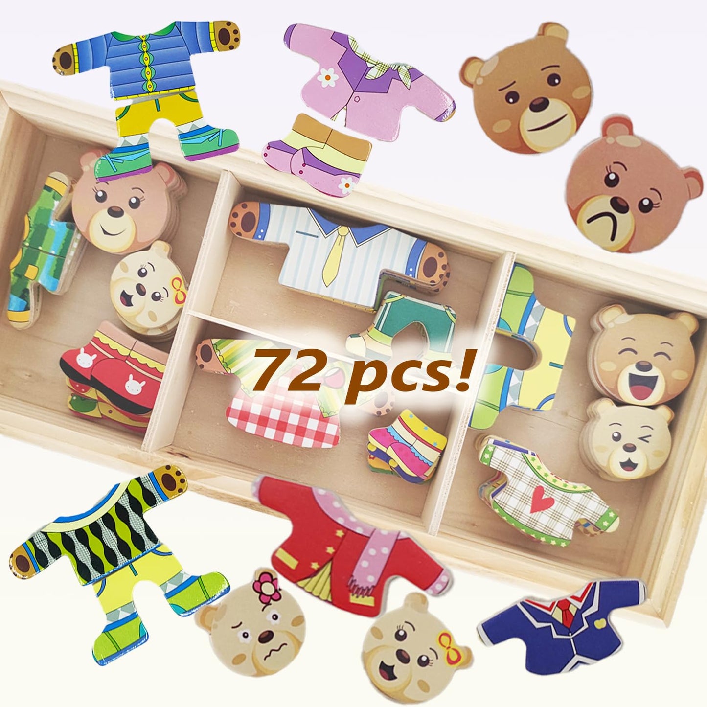 Lilybeauty Wooden Bear Family Dress-Up Puzzle Box For Toddlers(72Pcs),Change Clothes Puzzle Games, Preschool Learning Activities