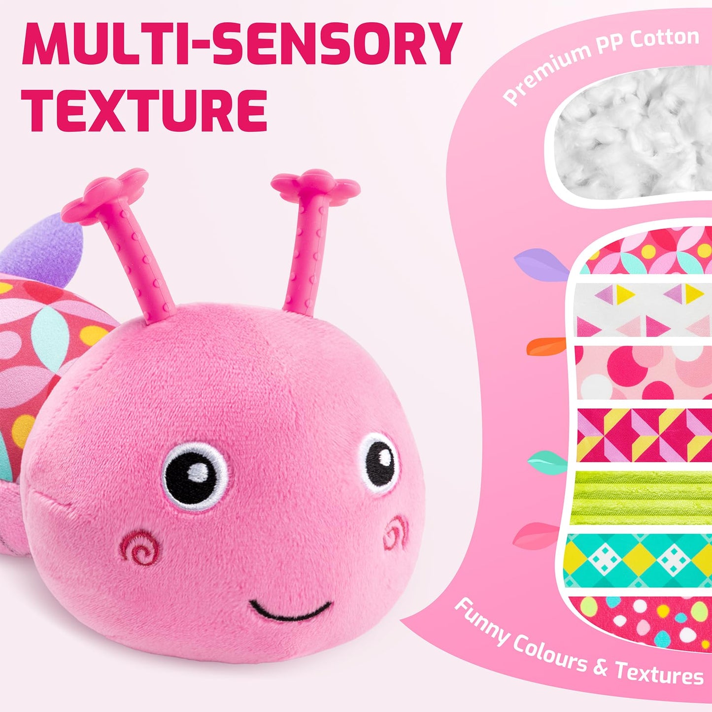 Sumobaby Infant Baby Musical Stuffed Animal Toys For 0-3-6-12 Months,Multi Sensory Toys With Crinkle And Rattles, Tummy Time Toys For Newborn Boys Girls, Caterpillar, Pink
