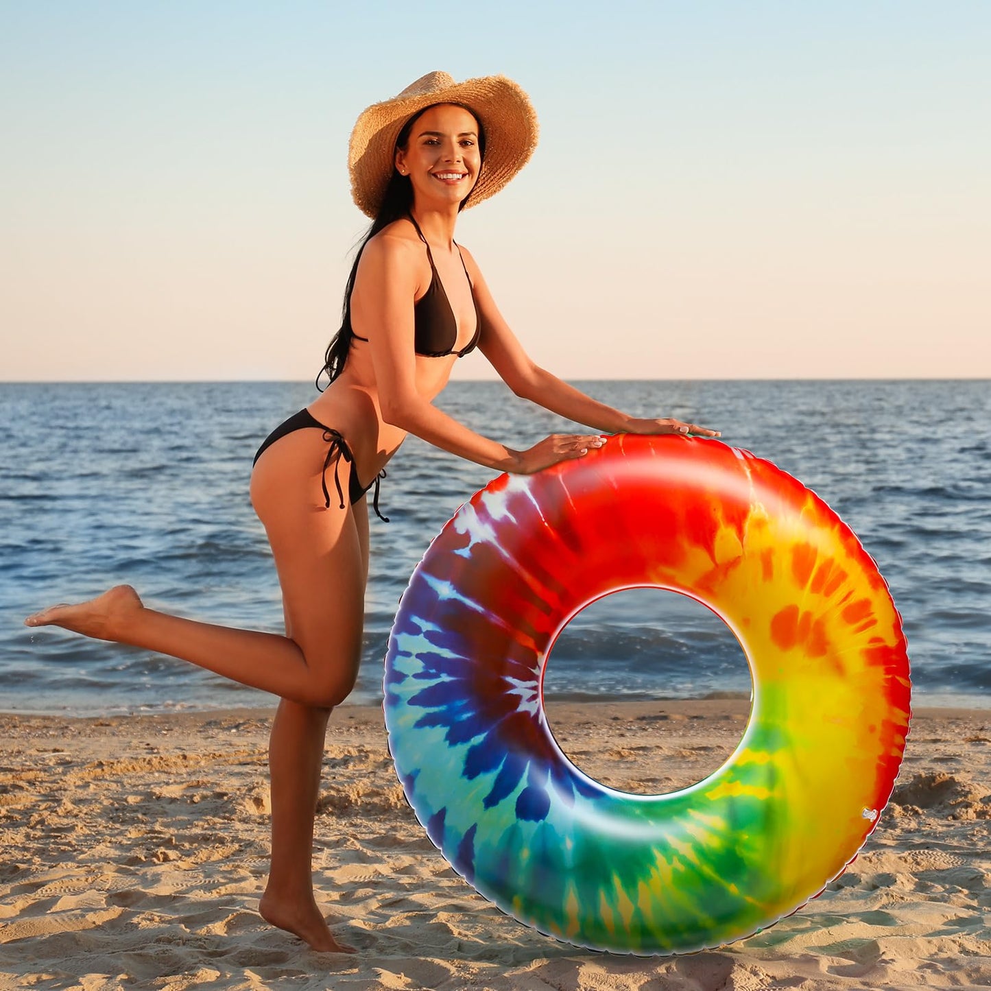 Simgoing 2 Pcs Jumbo Inflatable Pool Floats Rings Tie Dye Tube Float 47.24 Inch Large Colorful mature-themed Floaties Rainbow Swimming Ring Water Floaty Toy for mature-themed Summer Pool Beach Party Supplies