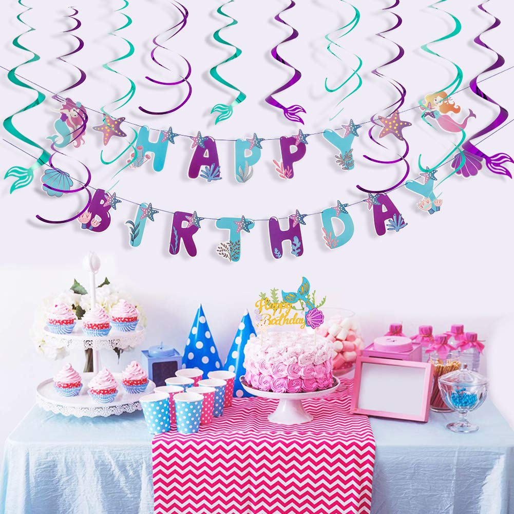 Sunbeauty Mermaid Happy Birthday Banner Little Mermaid Theme Birthday Decorations For Girls Ocean Theme Party Supplies For Baby