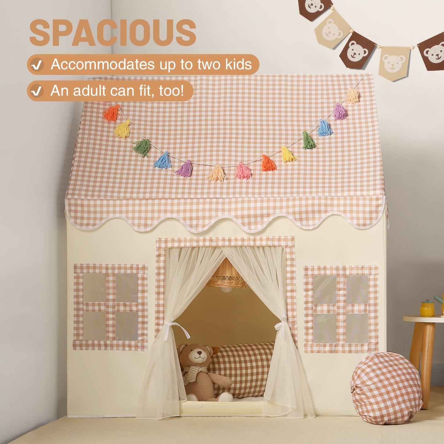 Senodeer Kids Play Tent Indoor: With Brown Checkered, Mat, Rainbow Tissue Garland, Star Lights - Toddler Girl Tent Indoor Playho