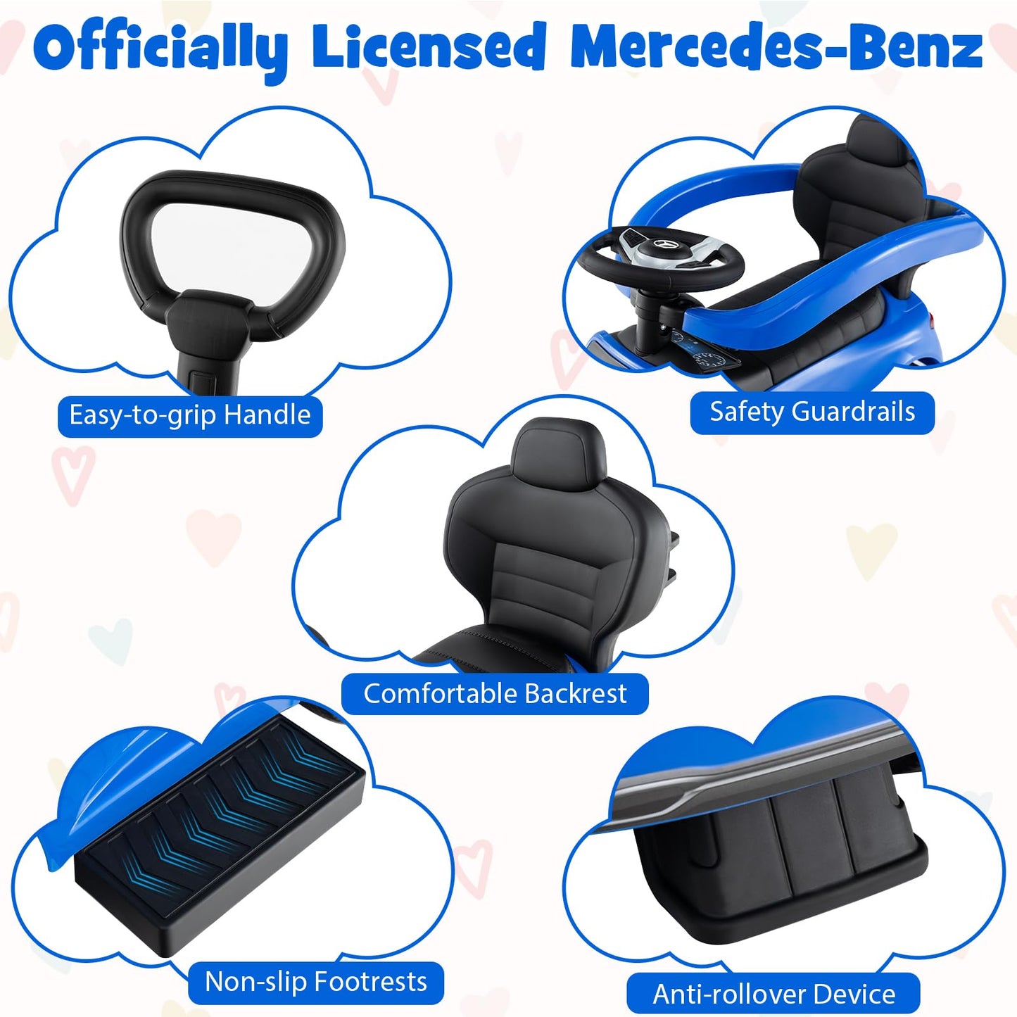 HONEY JOY Ride On Push Car Licensed Mercedes-Benz Push Cars for Toddlers Adjustable Canopy & Seat Storage Horn Toddler Push Car with Handle Ride On Toy for Boys Girls(Blue)