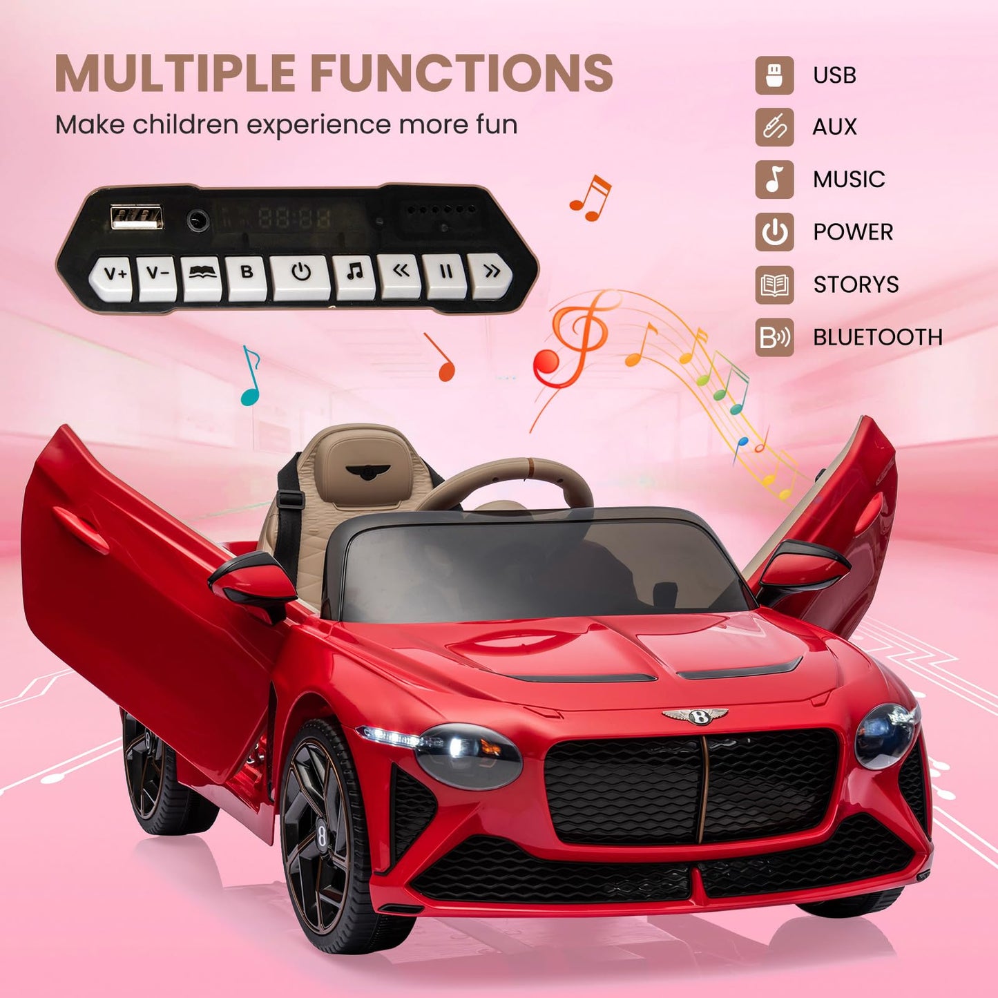 Hetoy 12V Kids Ride On Car, Licensed Bentley Bacalar Battery Powered Electric Vehicles W/Parent Remote Control, Scissor Door, 3