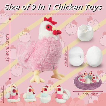 Youthfuljive 9 In 1 Chicken Stuffed Animal Set, Stuffed Chicken Plush Toys Zippered Egg Laying Hen With Baby Chicks Plush Chicke