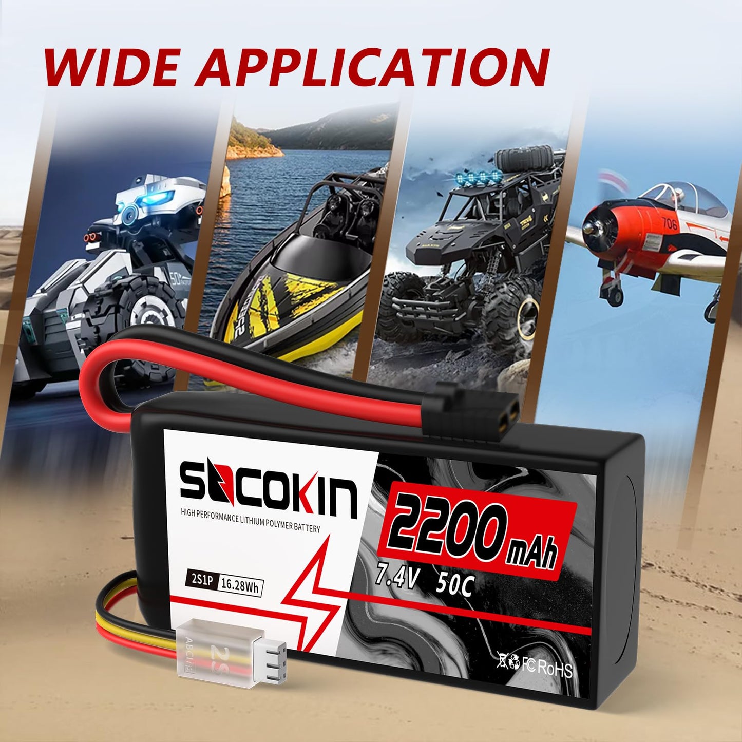 Socokin 2S Lipo Battery 7.4V 50C 2200mAh with TR Connector (2 Pack) for RC Car, Truck, Boat, Drone, Quadcopter
