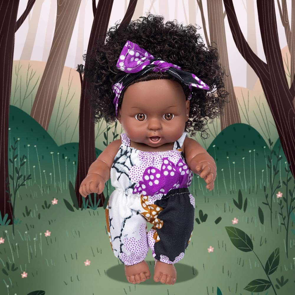 Ecore Fun 2 Pcs 8 Inch Black Baby Doll African Washable Realistic Silicone Baby Dolls with Clothes and Hairband