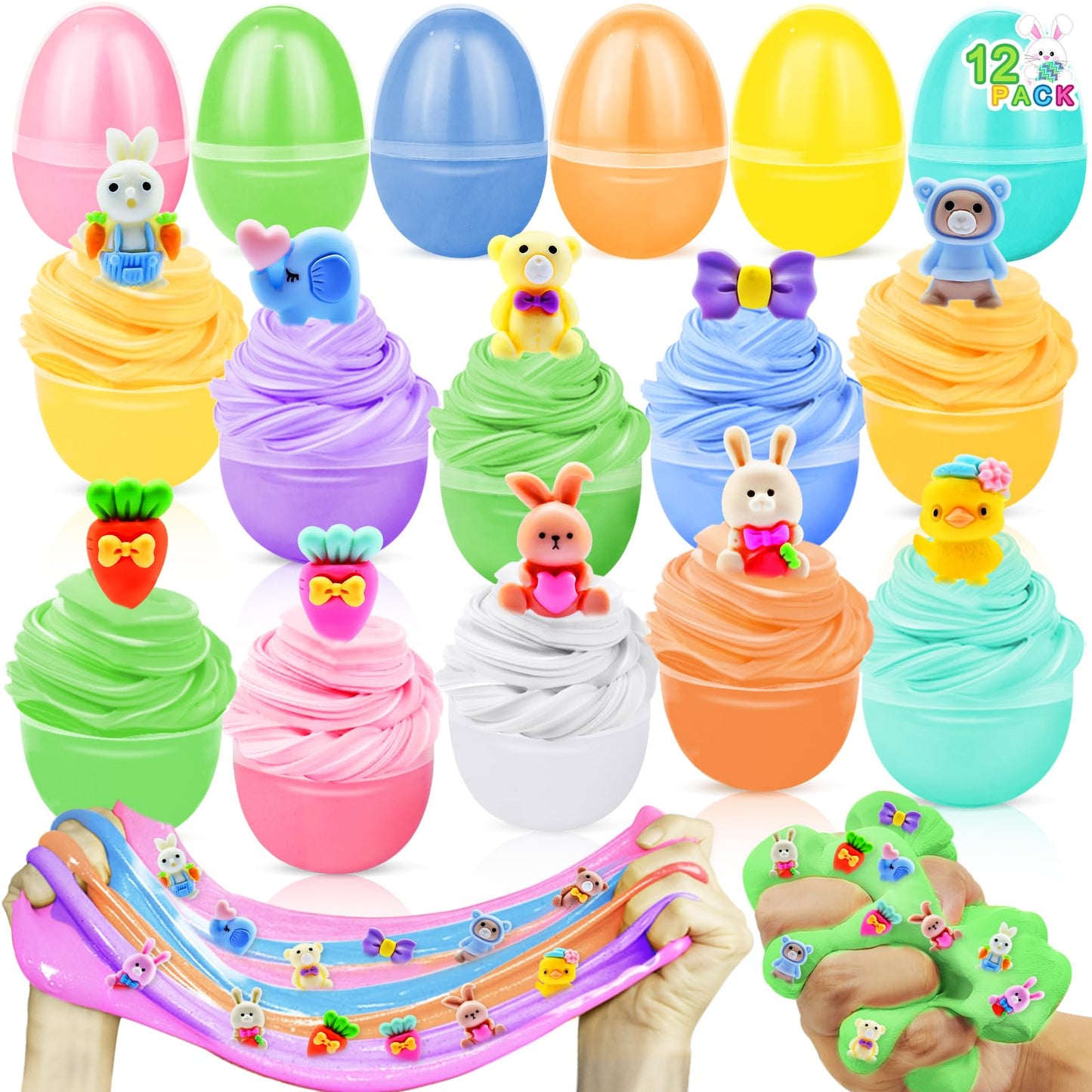 12 Pack Easter Egg Fillers Butter Slime Kit,12 Colors Non-Sticky With Printed Bunny Chicks Charms, Easter Slime Toys Easter Egg