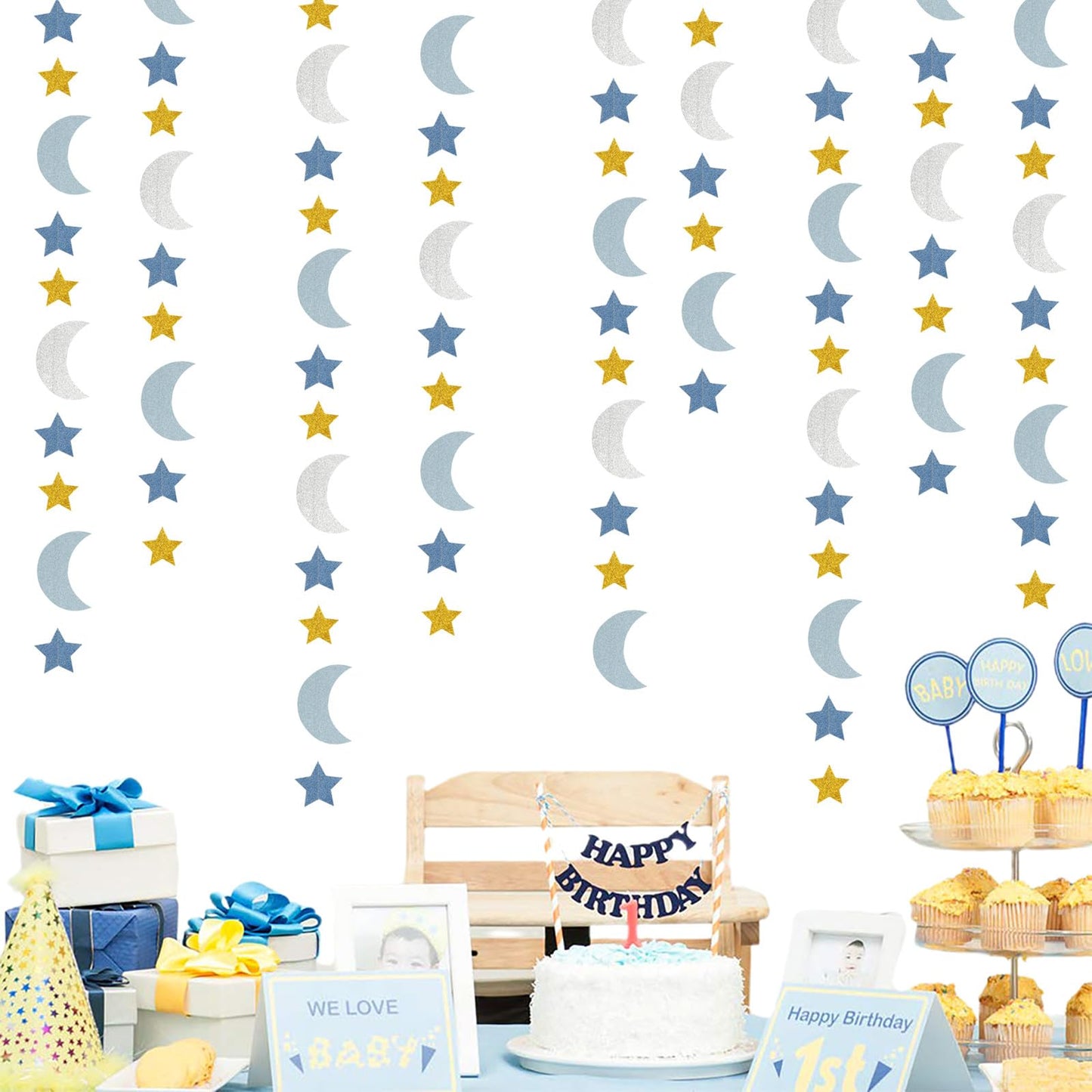 Blue-Gold Silver Party-Decorations Moon-Star Garland - 62Ft Twinkle Little Star Hanging Streamers Banner,Eid Ramadan Mubarak Dec