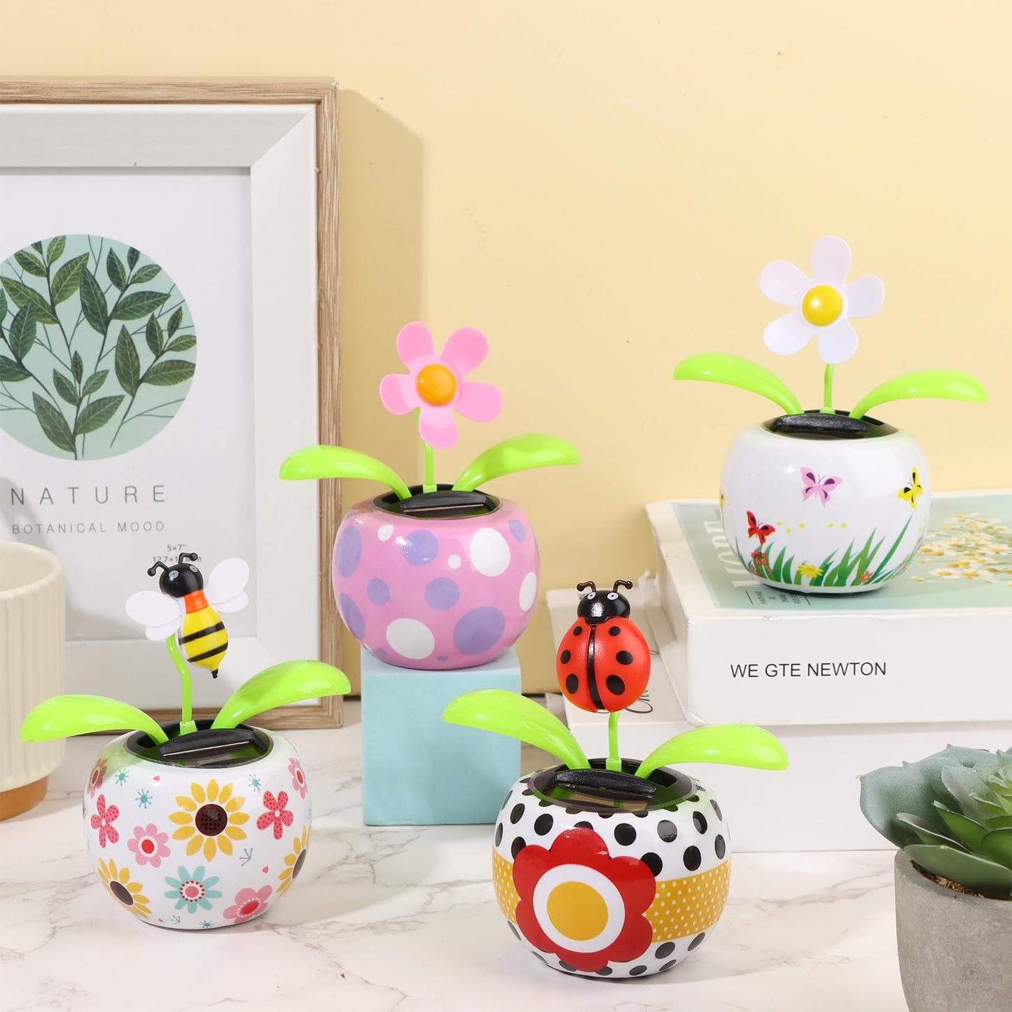4 Solar Dancing Bee Toy Solar Powered Dancing Sun Flower In Colorful Pots Swinging Ladybug Shape Flip Flap Animated Bobblehead Dancer Window Rose Sun Catcher Car Dashboard Decor