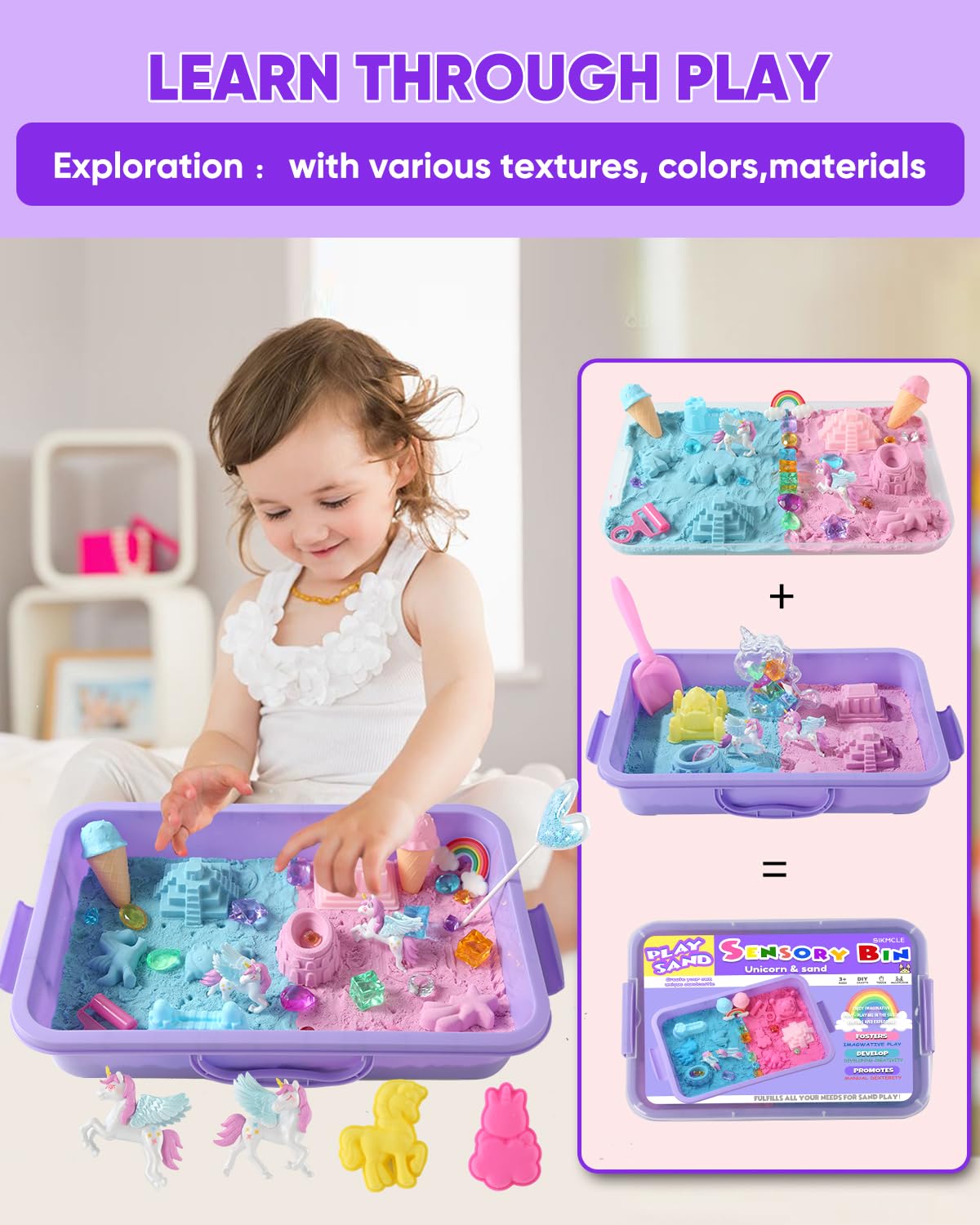 Sikmcle Unicorn Sensory Bin Play Sand Kit For Girls Unicorn Toys For Kids Castle Moulds Toddler Activities And Sensory Bin Fille