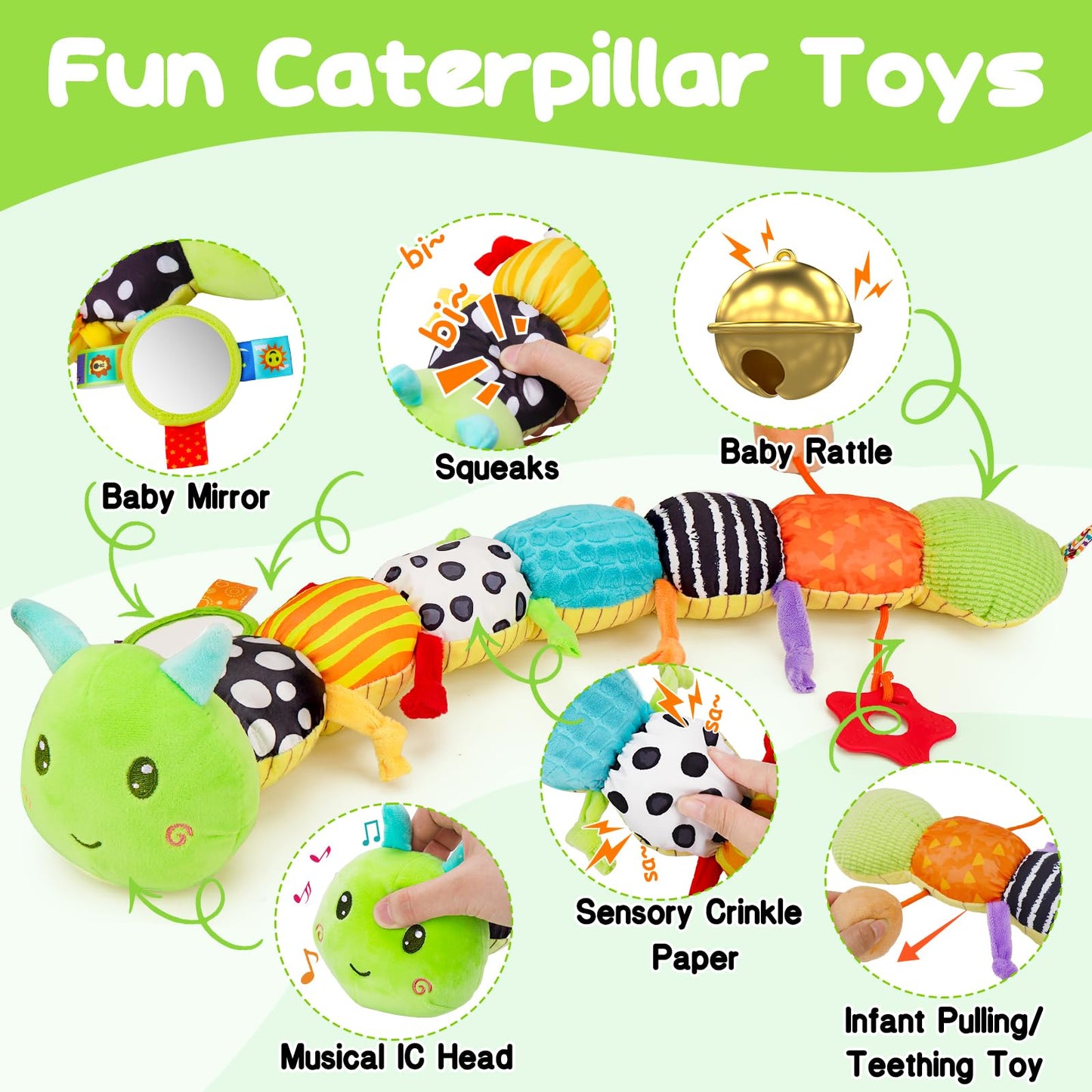 Baby Sensory Toy 0-6 Month Music Animal Stuffed Plush Caterpillar Toy For Infant 0-3-6 Month Tummy Time With Baby Mirror Crinkle