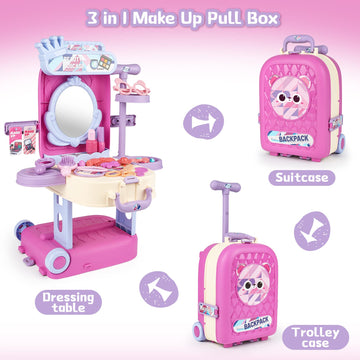 Deao 2 In 1 Makeup Table For Toddler Girls Vanity & Suitcase Set With Fashion Accessories Pretend Play Travel Suitcase Fashion B