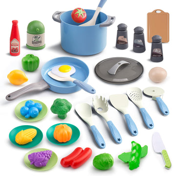 JokerKing 35Pcs Kids Kitchen Toy Accessories, Toddler Pretend Cooking Playset with Play Pots and Pans, Utensils Cookware Toys, P