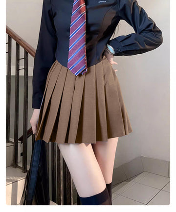 Beautifulfashionlife Womens School Uniform High Waist Flat Pleated Skirts (Xl,Dark Brown)