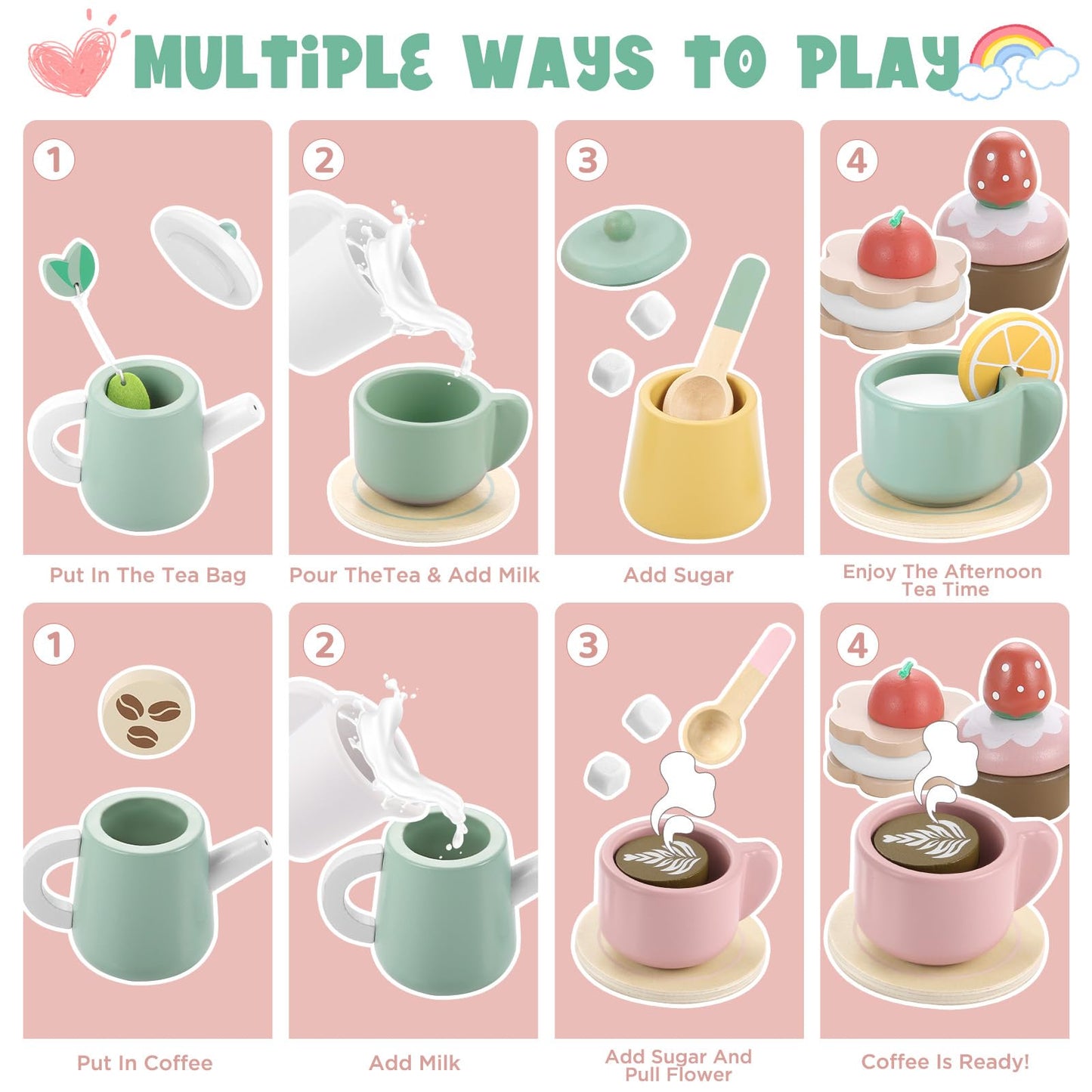 GAGAKU Wooden Tea Set for Kids, Wood Tea Party Set for Little Girls Wooden Coffee Afternoon Tea Toys Play Food forToddler Preten