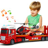 SpringFlower Truck Toddler Boy Toys, 25'' Large Fire Truck Toy with Racing Car and Helicopter,3 in 1 Lights Sounds Fire Truck Bo
