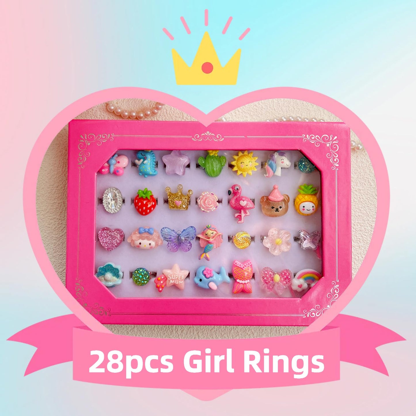 ELEMIRSA 28pcs Little Girl Rings, Princess Game Pretend Play & Dress Up Jewel Rings Set, Multicolored, Adjustable, Female, 4-12