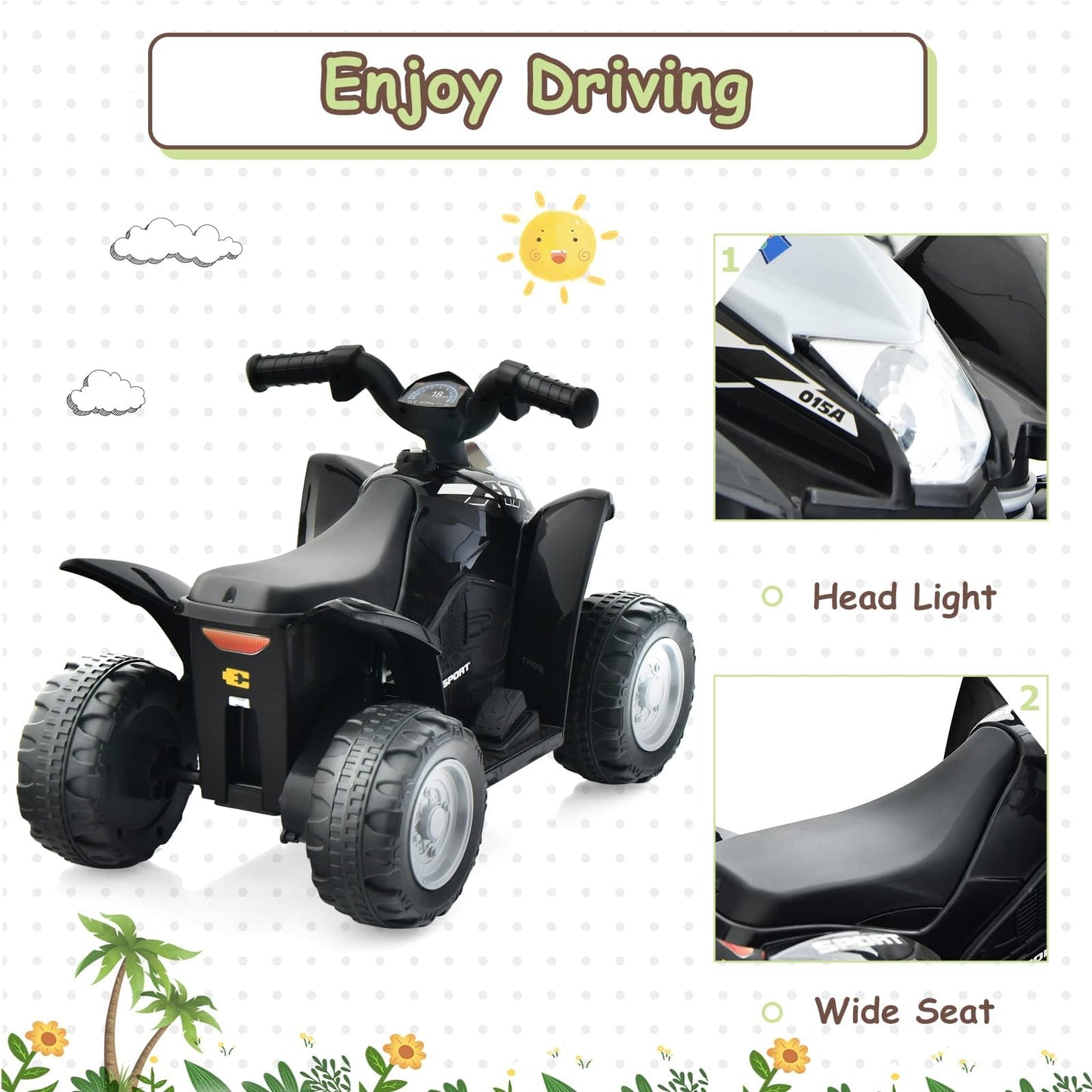 Olakids Kids Ride On Atv, 6V Electric Vehicle For Toddlers, 4 Wheeler Battery Powered Motorized Quad Toy Car For Boys Girls With Led Lights, Horn (Black)