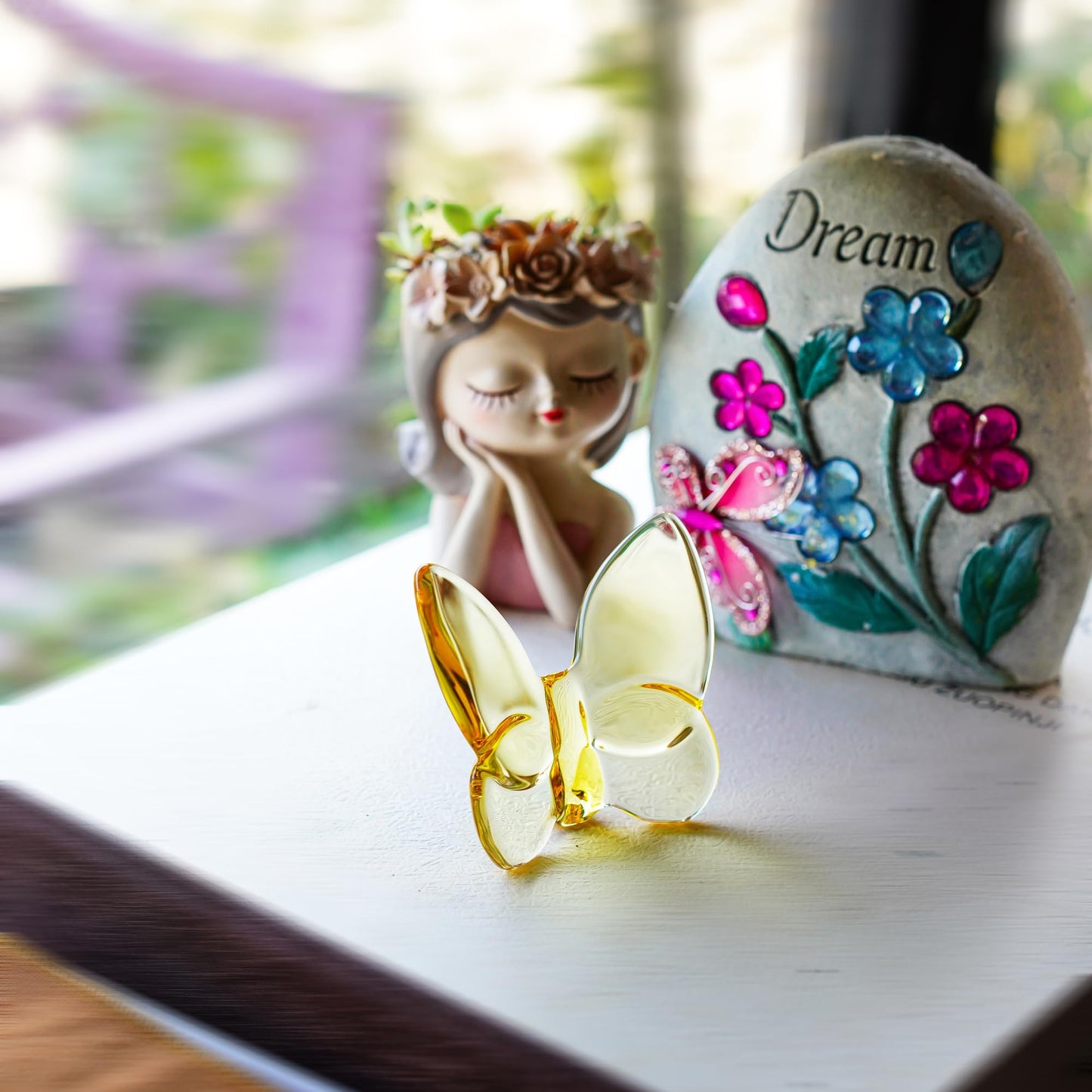 Kanpura Yellow Crystal Flying Butterfly Figurine,Glass Butterfly Figurine Ornament,Crystal Butterfly Collectible For Wedding Christmas Party Decor
