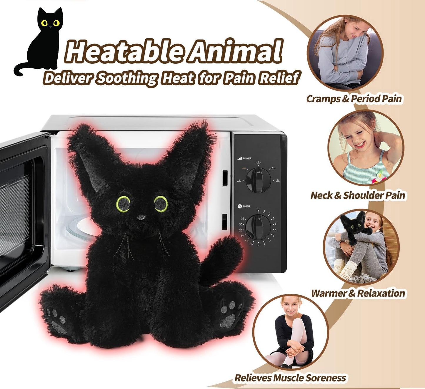 Cuckool Black Cat Stuffed Animals, Microwavable Stuffed Animals Heating Pad For Cramps, Pain Stress Relief, Heatable & Coolable