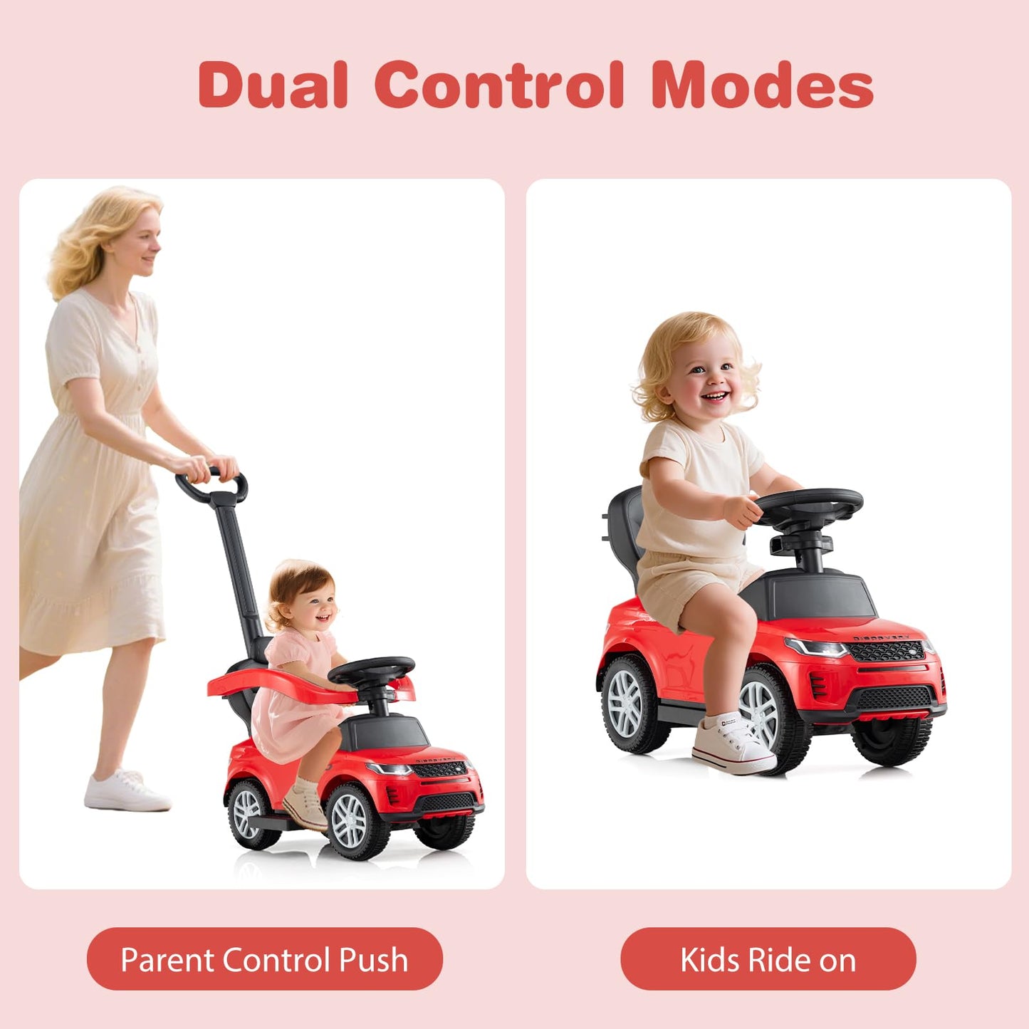 OLAKIDS Push Car for Toddlers 3 in 1 Licensed Landrover Baby Ride on Toy with Parent Control Handle Safe Guardrails Kids Sliding Walker with Under Seat Storage Horn for Boys Girls (Ruby)