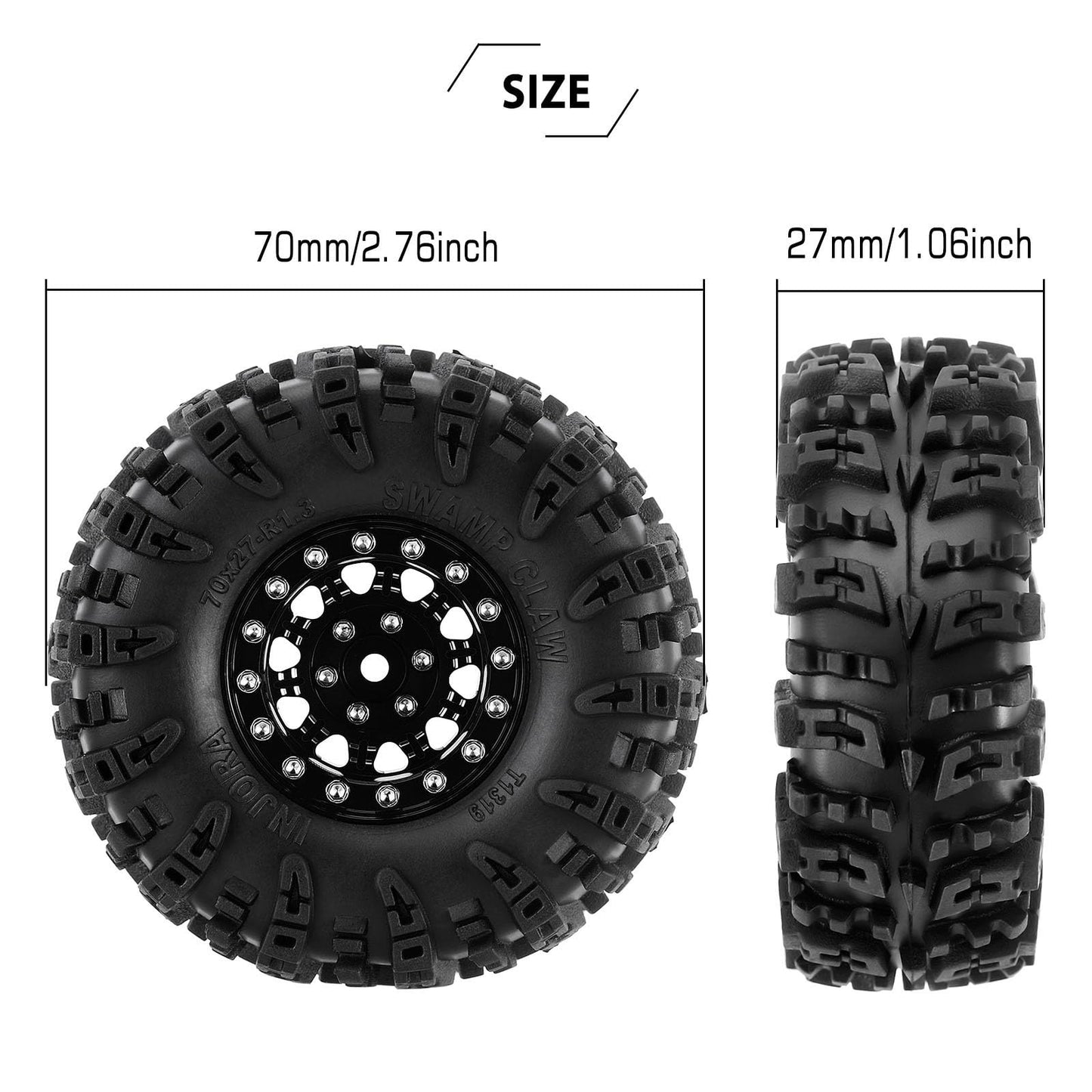 Injora 1.3'' Wheel Tires Set - S5 Swamp Claw Mud Terrain Tires And Aluminum Wheel For 1/18 1/24 Scx24 Trx4M Upgrade Rc Crawler C