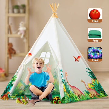 Wilhunter Dinosaurs Teepee Tent For Kids With Roar Button & Lights & Mat, Kids Play Tent Gift For Boys & Girls, Kids Tent Toys F