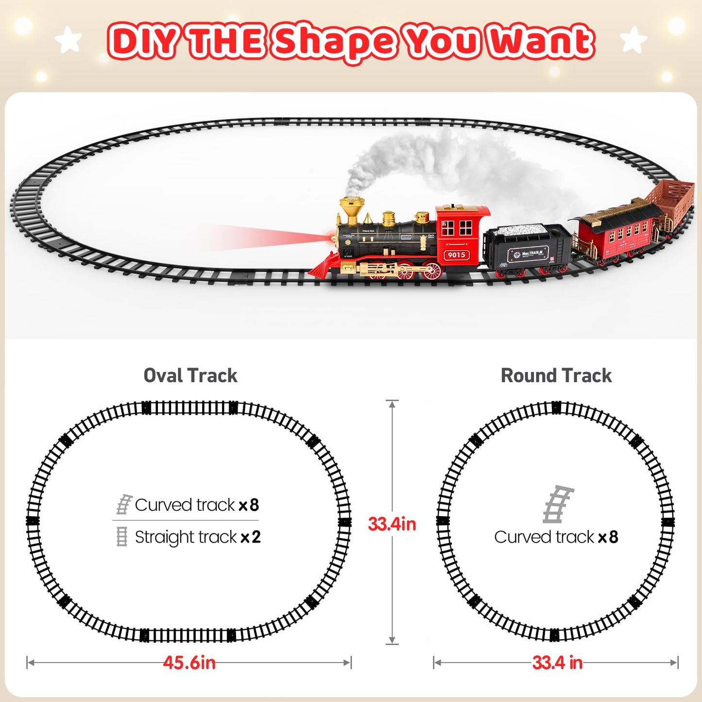 Hot Bee Train Set - Train Toys For Boys W/Smokes, Lights & Sound, Tracks, Toy Train W/Steam Locomotive, Cargo Cars & Tracks, Toddler Model Train Set For 3 4 5 6 7 8+ Year Old Kids Birthday Gifts